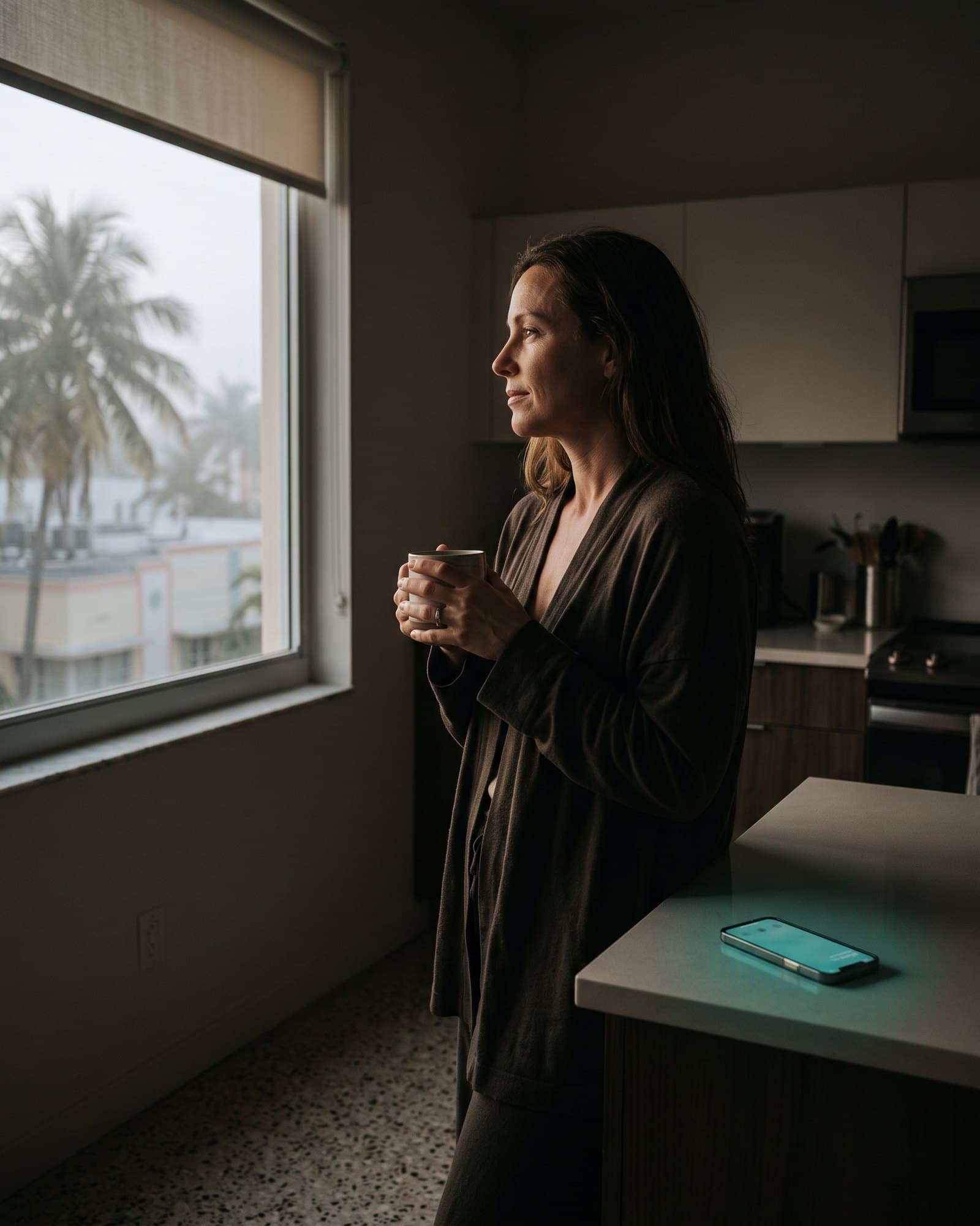 A woman holding a mug at the window